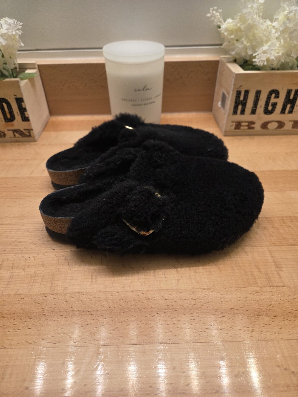 Birkenstock Boston Big Buckle Black Shearling Clogs Womens Size EU 36